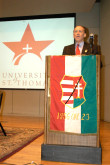 AHF's Phillip Aronoff addresses the audience at the the Symposium on the 1956 Hungarian Revolution at the University of St. Thomas in Houston