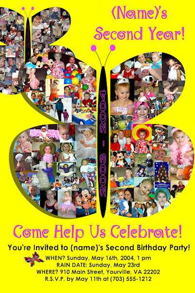 A Birthday invitation highlighting important moments over the year. Note the previous year behind the main butterfly collage.