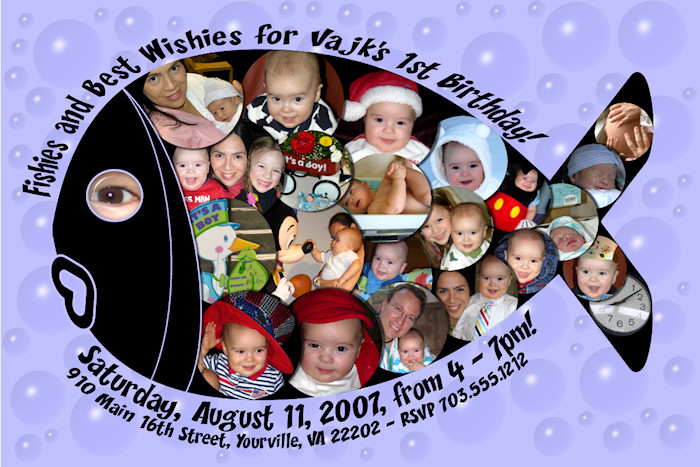 Another birthday invitation using using multiple 3D image layers in the form of fish scales for a ocean-themed party.