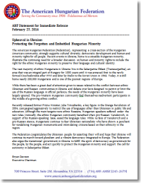 AHF Releases Statement in Connection with Recent Events in Ukraine calling attention to the plight of the Hungarian minority in Transcarpathia Ukraine.