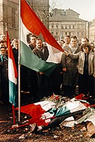 Dead Freedom Fighter draped in Hungarian Flag during the 1956 Revolution