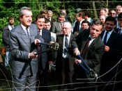 Then-Austrian Foreign Minister Alois Mock and his Hungarian counterpart Gyula Horn, traveled to the Austrian-Hungarian border to send a signal that the division of postwar Europe was coming to an end. Shoulder-to-shoulder, wielding the bulky bolt cutters against the wire fence, they seemed to be conveying the good news that the fence was finally coming down.