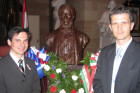 Left to Right: Tamas Hollo and AHF's Sandor Vegh (President of the HungarianAmerican Foundation) at the US Capitol 1848 commemoration event. Behind them is the bust of Louis Kossuth placed by the American Hungarian Federation in the Capitol's Statutory Hall.
