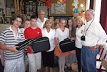 "Classrooms of Tomorrow:" AHF Donates Laptops to Zalabér Elementary School. Erika Fedor, AHF Social Committee Chair, presented the laptops to Albert Kiss, principal of the Zalaber Middle School. Also attending was AHF Associate President, Gyula Balogh and Zsuzsa Dreisziger heads of the Hungarian American Club (Amerikai Magyar Klub www.amkl.org) in Hungary, AHF's sister organization.