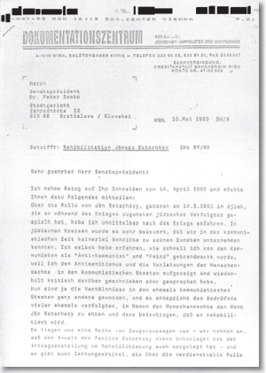 [Download] the letter of Simon Wiesenthal to Dr. Peter Samko regarding the case of Janos Esterhazy (original German)