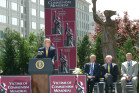 President Bush at the podium, with Victims of Communism Memorial Foundation chairman Lee Edwards, Congressman Tom Lantos, and Congressman Dana Rohrabacher (R-CA) in the background