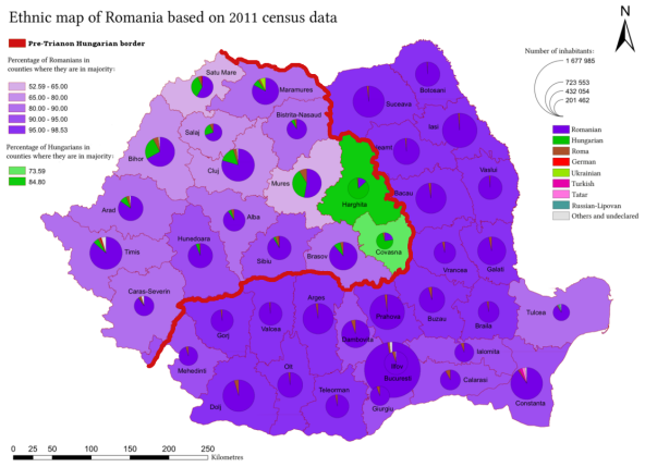 According to the 2011 census, the population of Romania was 20,121,641, of which 6.1% were ethnic Hungarians. The majority of the Hungarians in Romania live in areas that were part of Hungary prior to the 1920 Treaty of Trianon. The most prominent of these areas is Székely Land (Szeklerland, Tinutul Secuicesc or Székelyföld), which is in a region known as Transylvania. Of the forty-one counties of Romania, Hungarians form a significant population in the counties of Harghita (85.21%), Covasna (73.74%), and Mures (38.09%). Other counties with a notable Hungarian population include Satu Mare (34.65%), Bihor (25.27%), Sălaj (23.35%), and Cluj (15.93%).